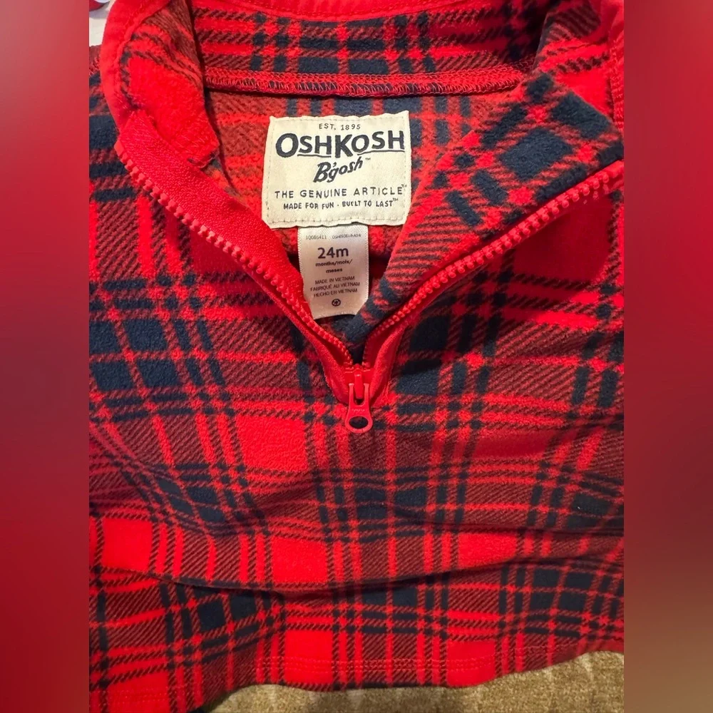 OshKosh B’Gosh Red and Navy Plaid Fleece 3/4 Zip Pullover - 24 Months LIKE NEW